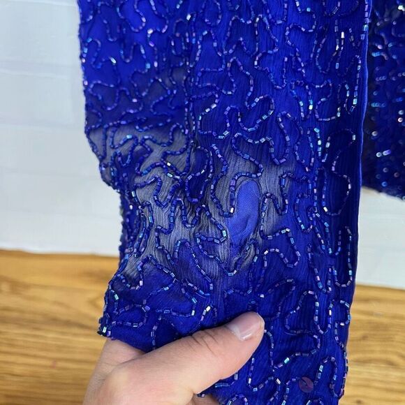 Scala Womens Silk Beaded Dress size Medium Blue Long Dress - Picture 9 of 16